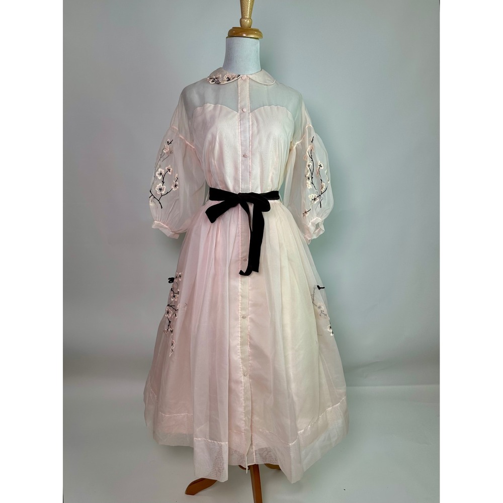 Eyeful by Ruth Flan Pink Nylon Organza Embroidered Dress Heart Neckline Vintage - Picture 2 of 11